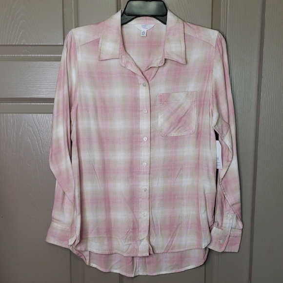 NWT Time And Tru Vintage Pink Plaid Flannel Long Sleeve Button-Up Shirt - Picture 2 of 9